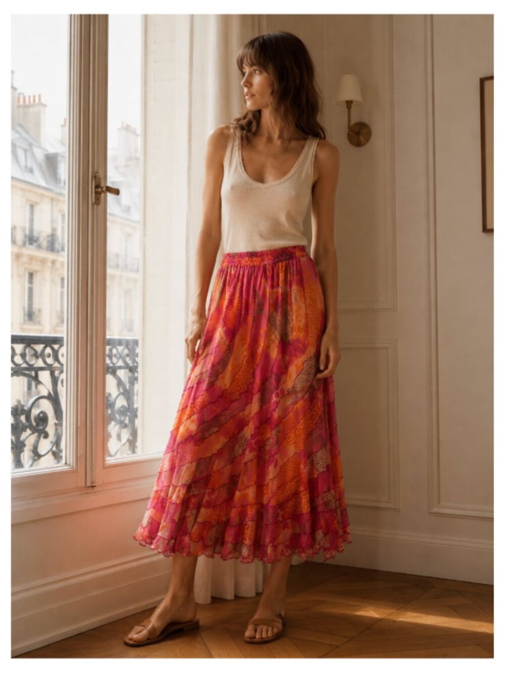 VINTAGE Colorful Boho Medium Midi Skirt Flowy Ruffle